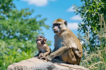 Obraz premium Adult baboon and baby sitting on a rock, sunny day.