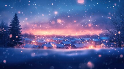 Serene Winter Night with Snowfall Over Cozy Village and Soft Glowing Lights in the Background