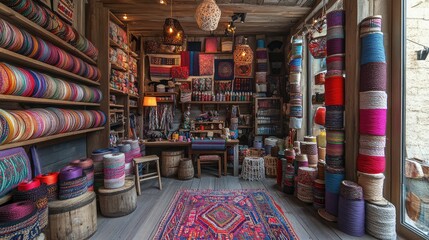 A cozy knitting and embroidery shop with colorful spools of thread, fabric rolls, and wooden workstations. Copy space.