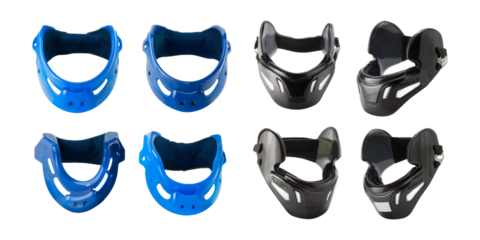 Variety of Blue and Black Protective Sports Neck Braces for Athletes