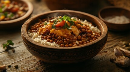 Traditional Egyptian koshari with lentils and rice. Featuring a flavorful and hearty dish. Highlighting the texture and flavors of the koshari. Ideal for food and cultural themes.