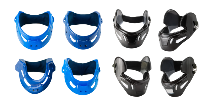Variety of Blue and Black Protective Sports Neck Braces for Athletes - Powered by Adobe