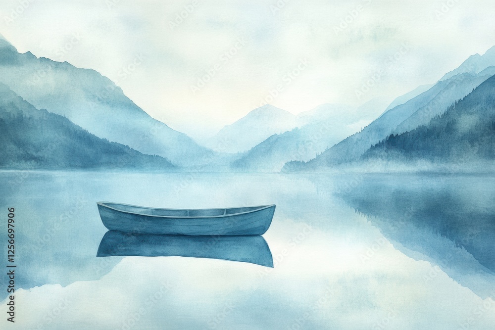Aufkleber calm mountain lake with a single rowboat floating serenely in a tranquil watercolor landscape. gener