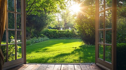 Beautiful green garden with lush lawn seen through sunlit open doors of a home © HISTOCK
