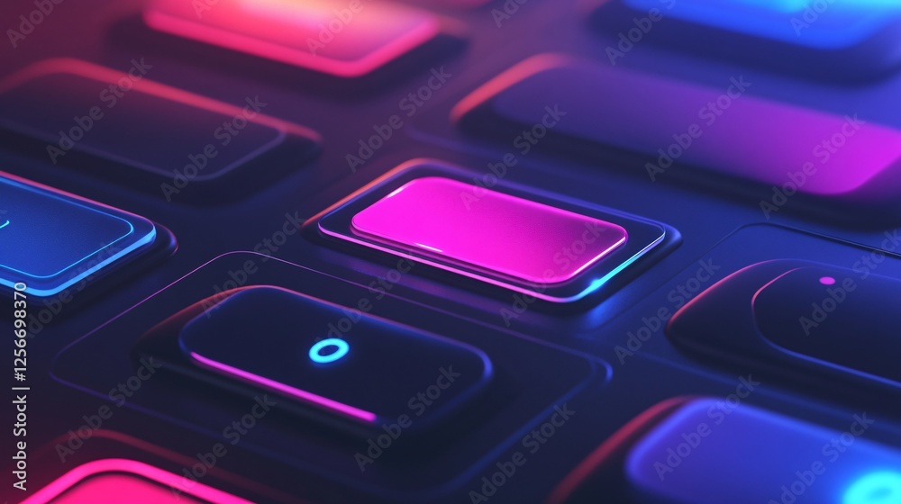 Poster futuristic keyboard interface with blue and purple lights features a glowing pink button
