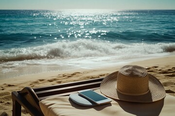 Obraz premium Smartphone and straw hat on beach lounger, ocean background.