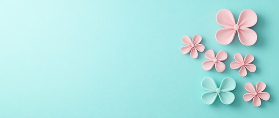 Fototapeta premium Pastel pink and blue paper flowers on a turquoise background.