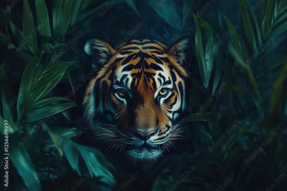 Poster majestic tiger portrait with an intense gaze captured in lush green foliage during twilight hours. g