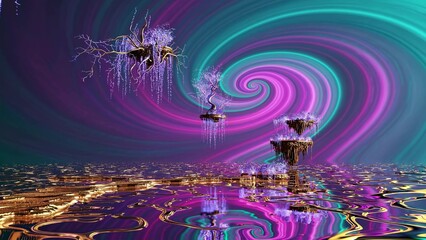 Obraz premium Golden rippling water reflecting floating islands adorned with glowing trees, all beneath a surreal pink and turquoise vortex in an enchanting otherworldly dreamscape