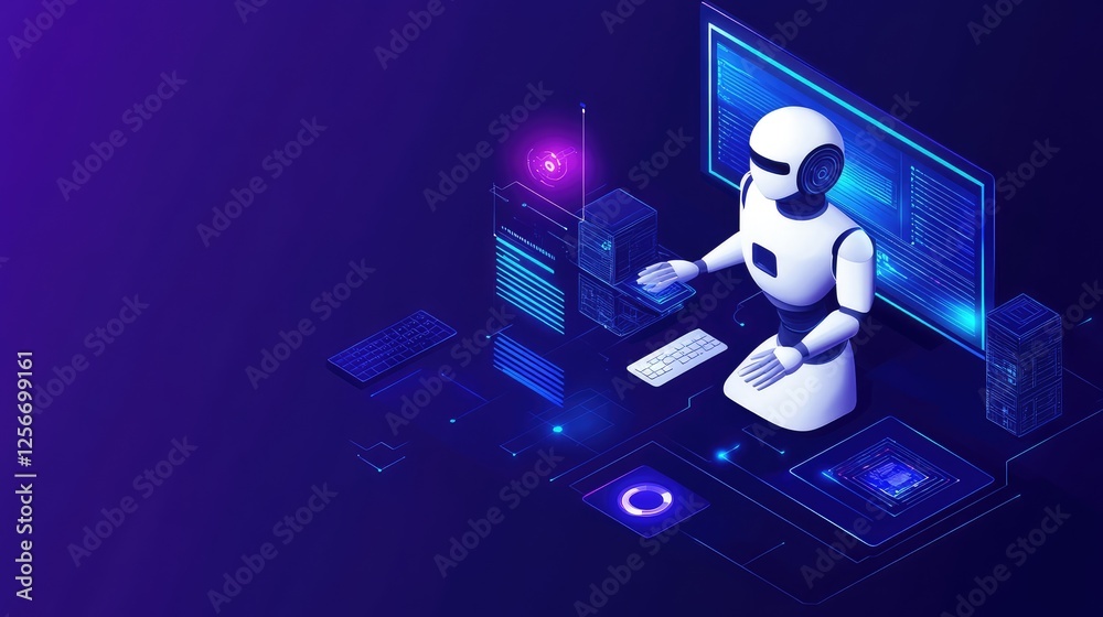 Poster a futuristic digital workspace with automated systems, artificial intelligence, and innovative tech 