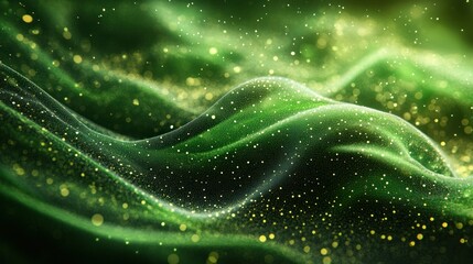Abstract green waves with golden particles creating a mystical atmosphere in a soft-focus background