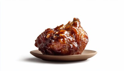 Glazed chicken wing on small brown plate, isolated on white background.