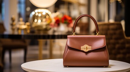 Elegant textured leather handbag with gold hardware on marble table