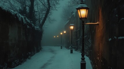 Serene Snowy Pathway with Lanterns Illuminating a Winter Evening in a Misty Forest Landscape