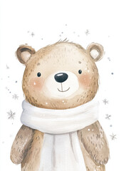Cute bear in a white scarf, a simple watercolor children's illustration with minimal details, set against a white background with snowflakes around the edges of the design, in a minimalistic style 