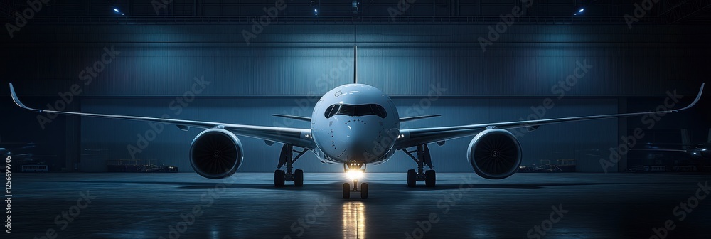 Poster Modern airplane inside a spacious hangar at night with bright lighting and wide wingspan on display. Generative AI