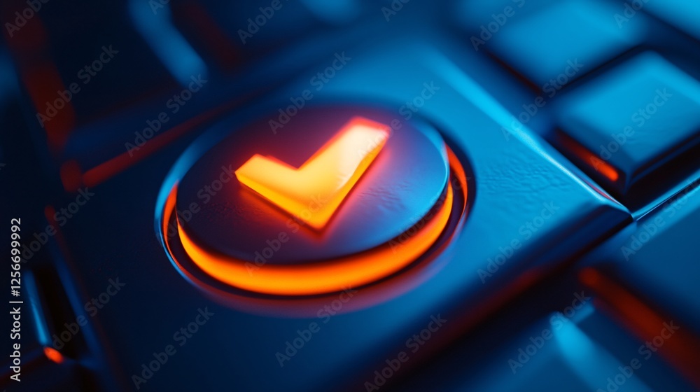 Poster bright orange check mark button confirms a selection on a futuristic dark blue keyboard