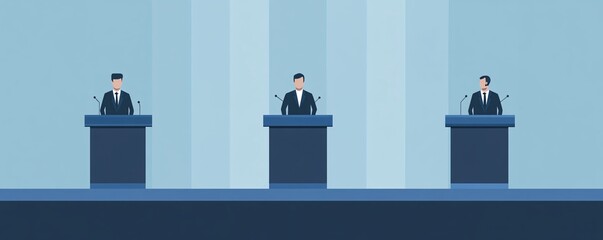 Three politicians delivering their election campaign speeches from behind the podium during a political gathering