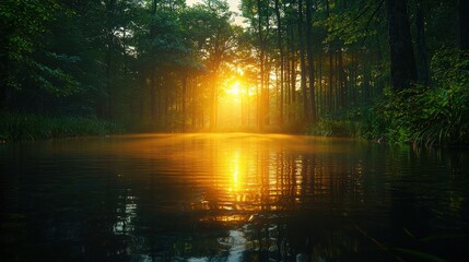 Obraz premium Golden Sunlight Illuminating a Misty Forest River