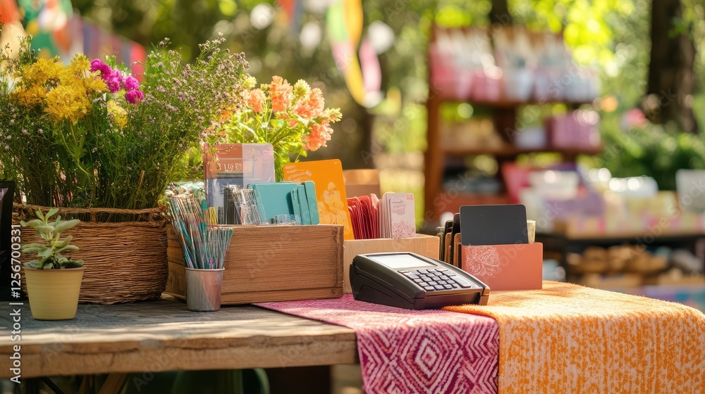 Poster a mobile pop-up shop counter with a card reader and neatly arranged handmade products. copy space.