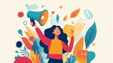 Joyous young woman confidently announces with a megaphone in hand