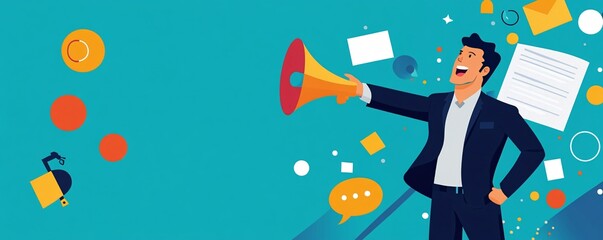 Businessman is using a megaphone to deliver a public statement