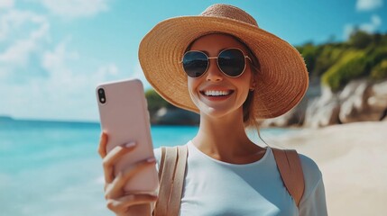 Fototapeta premium Young woman enjoying her tropical beach holiday taking selfies with smartphone