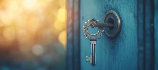Key in door lock, gear design, sunlight background.