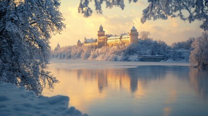 Fototapeta premium Snowy Castle Landscape at Sunrise with Reflections on Calm Water in Winter Wonderland