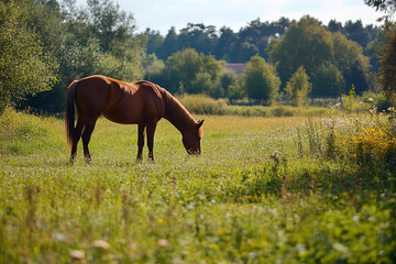       There is a brown horse that is eating grass in the field
