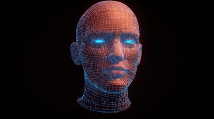 Futuristic Digital Wireframe Head with Glowing Blue Eyes