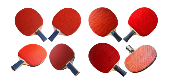 Set of Four Table Tennis Paddles in Red Color on White Background