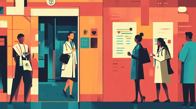Medical professionals are going about their day, discussing and walking in a hospital hallway - Powered by Adobe