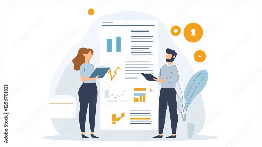 Fototapete Business partners are analyzing financial report with charts and graphs, planning new project and discussing development strategy