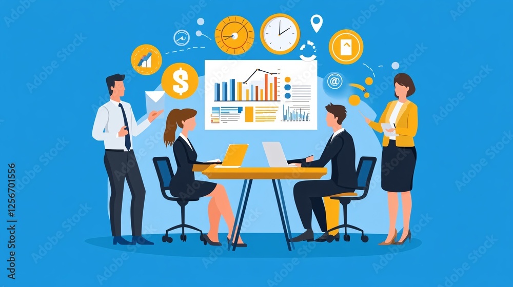 Poster business team analyzing financial statistics on board, developing new strategy, and creating a succe