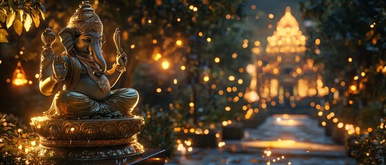 Fototapeta premium Ganesh Statue in a Moonlit Indian Garden with Golden Trees, Illuminated Pathways, and Celestial Glow. Copy space. Generative AI