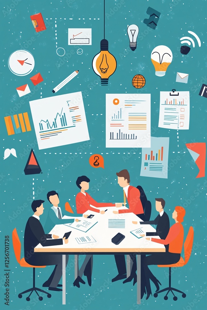 Poster business team meeting discussing and brainstorming new ideas surrounded by charts and icons