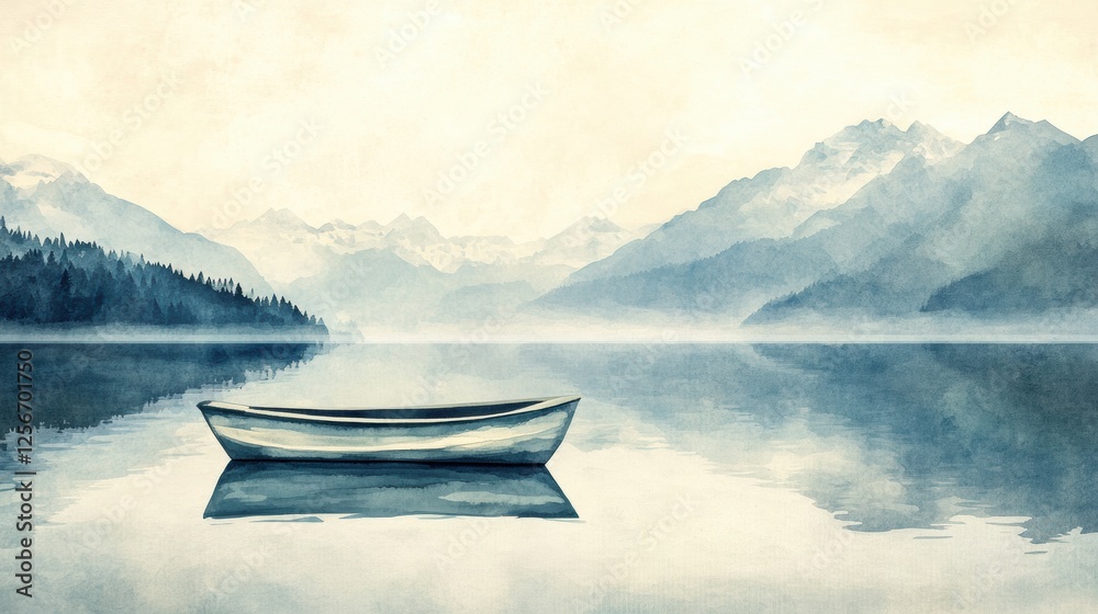 Poster serene watercolor painting of a rowboat gliding on a calm mountain lake with a tranquil sky offering