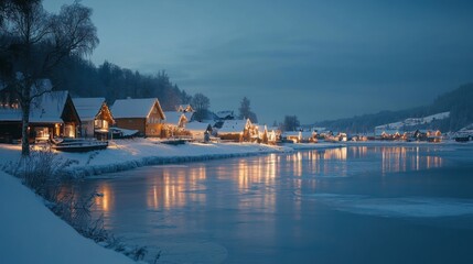 Fototapeta premium Tranquil Winter Landscape at Dusk with Snowy Cabins and Glowing Reflections on Serene Lake