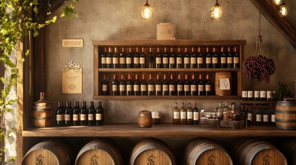 A small winery tasting room with wine barrels, rustic dcor, and carefully labeled bottles. Copy space.