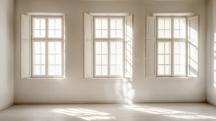 Sunlight streams through three large windows in an empty room with white walls and floor.