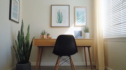 Modern home office with wooden desk, black chair, plants, and sunlight streaming through blinds.