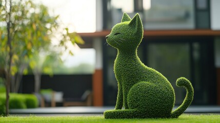Serene Green Cat Statue in Lush Garden