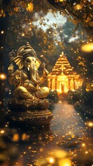Fototapeta premium Ganesh Statue in a Moonlit Indian Garden with Golden Trees, Illuminated Pathways, and Celestial Glow. Copy space. Generative AI