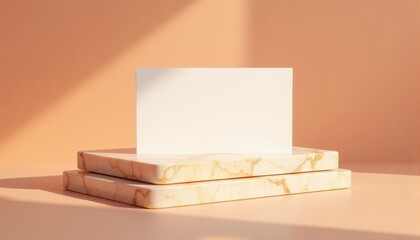Minimalist mockup featuring a blank card resting on marble-textured platforms, bathed in soft peach light, emphasizing modern design aesthetics and clean, elegant simplicity.