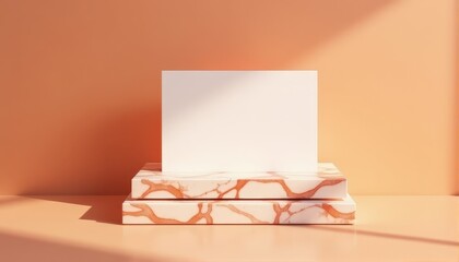 Modern mockup featuring two blank cards placed on marble-textured platforms against a warm peach-toned backdrop, highlighting geometric design and minimalist elegance.