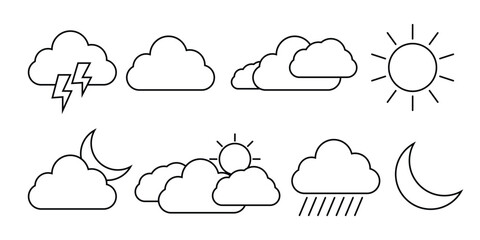 Weather and meteorology editable stroke outline icons set isolated on white background flat vector illustration.