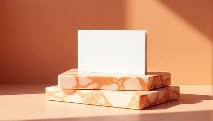 Blank card mockup resting on stacked marble-textured platforms, bathed in warm peach light, creating a clean, modern visual suitable for design presentations and product showcases.