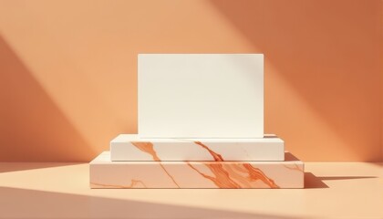 Minimalist mockup of a blank card placed on stacked marble-textured podiums, illuminated by warm peach light, emphasizing clean lines and simplicity in modern design.