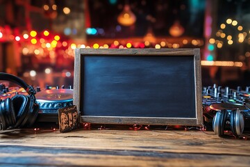 Blank chalkboard sign on DJ table with headphones and mixer in nightclub.